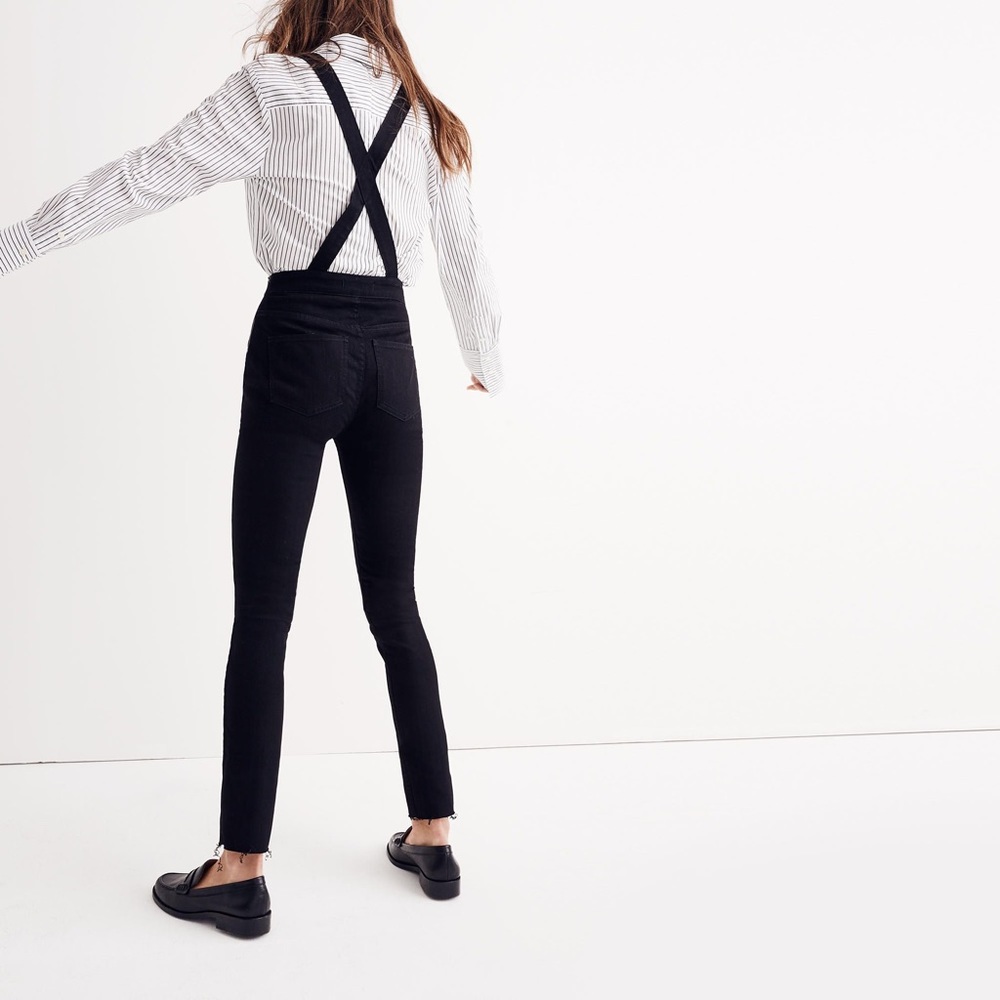 Madewell cross back skinny raw hem black overalls
